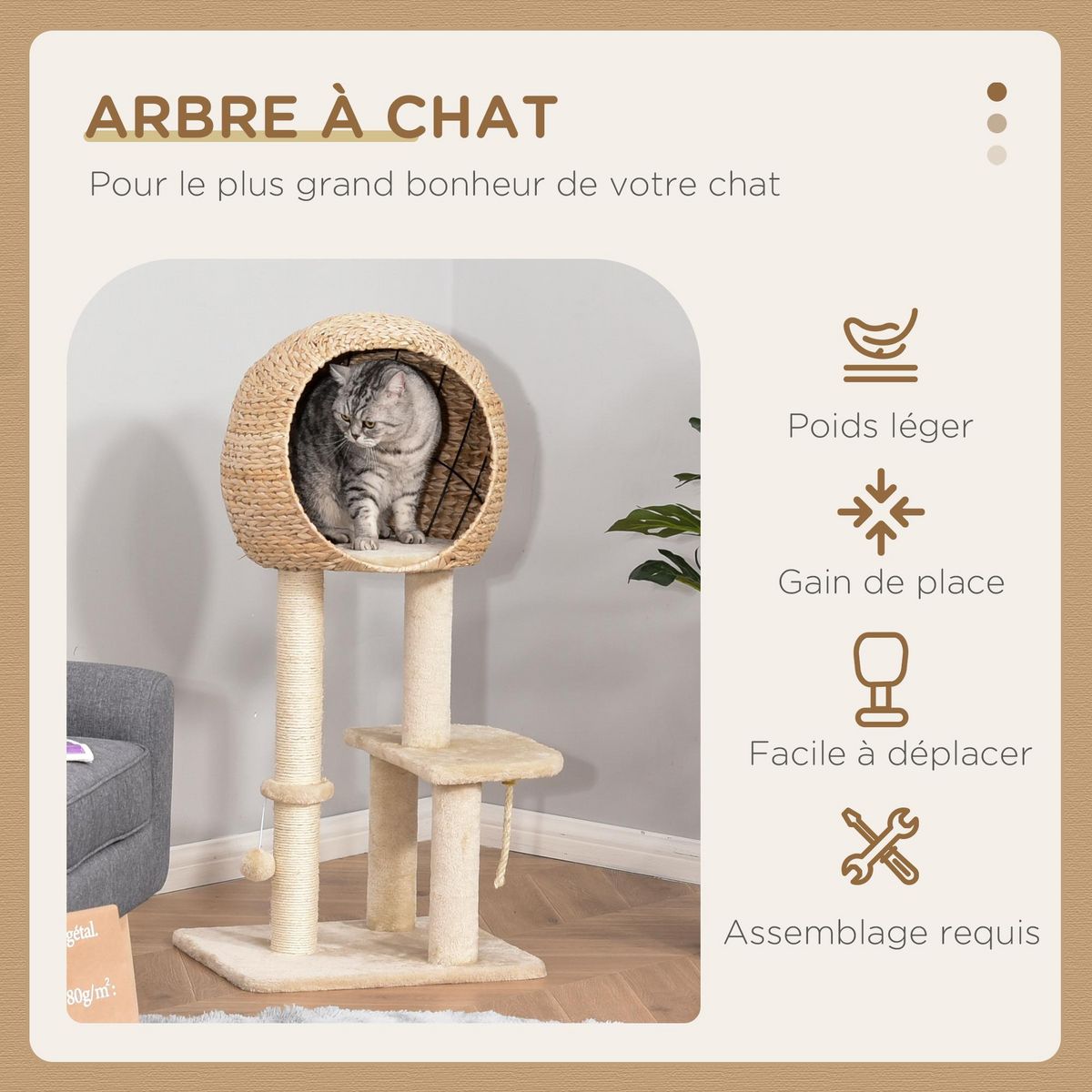 PAWHUT Arbre à chats style cosy chic griffoir sisal naturel grande niche plateformes jeu boule corde escalade peluche courte massette beige
