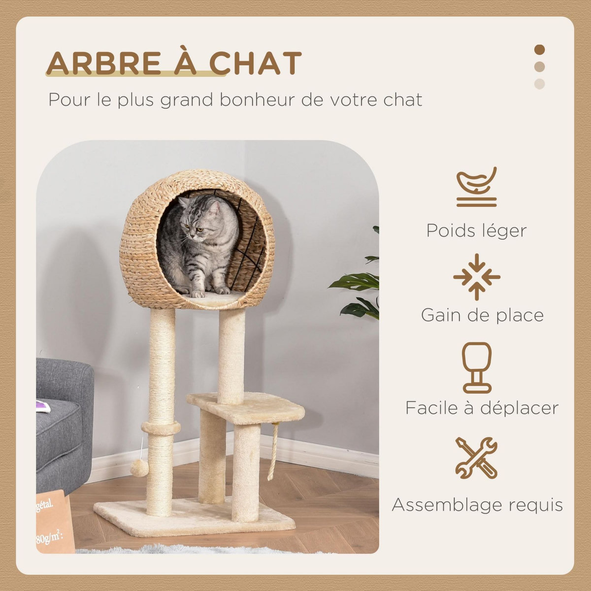 PAWHUT Arbre à chats style cosy chic griffoir sisal naturel grande niche plateformes jeu boule corde escalade peluche courte massette beige