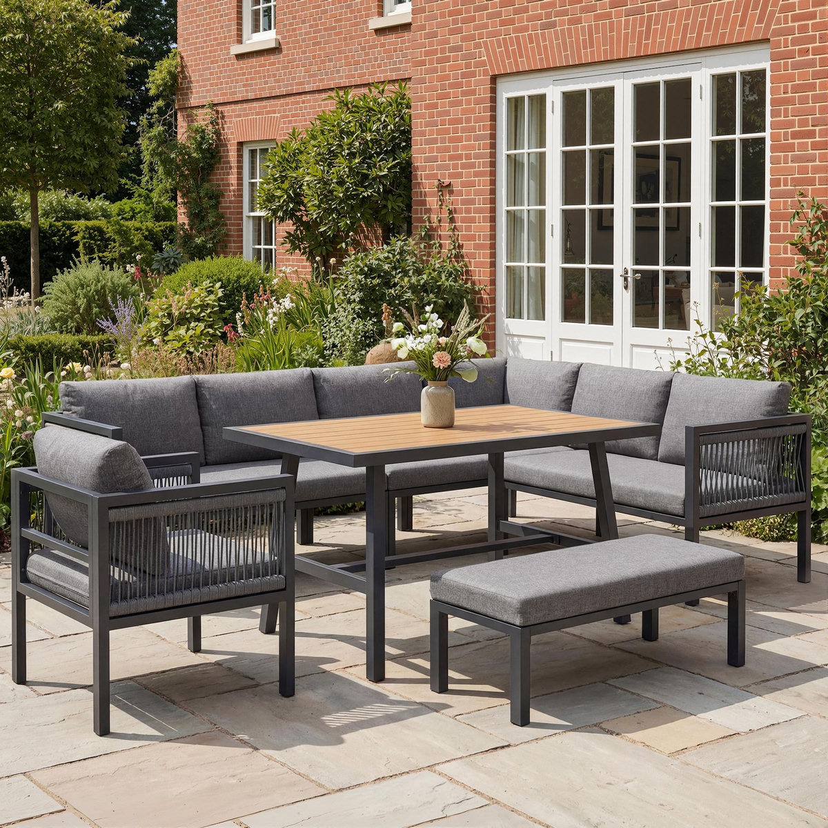 MERAX Salon de jardin 7 places avec canapé angle, fauteuil et pouf table