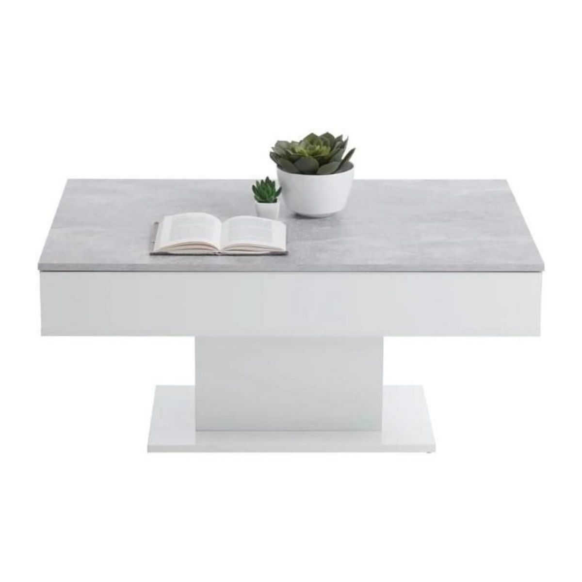 FMD Table basse bicolore avec plateau coulissant - Décor gris béton LA et blanc brillant - L100 x H46,1 x P65 cm - Fabriqué en Al