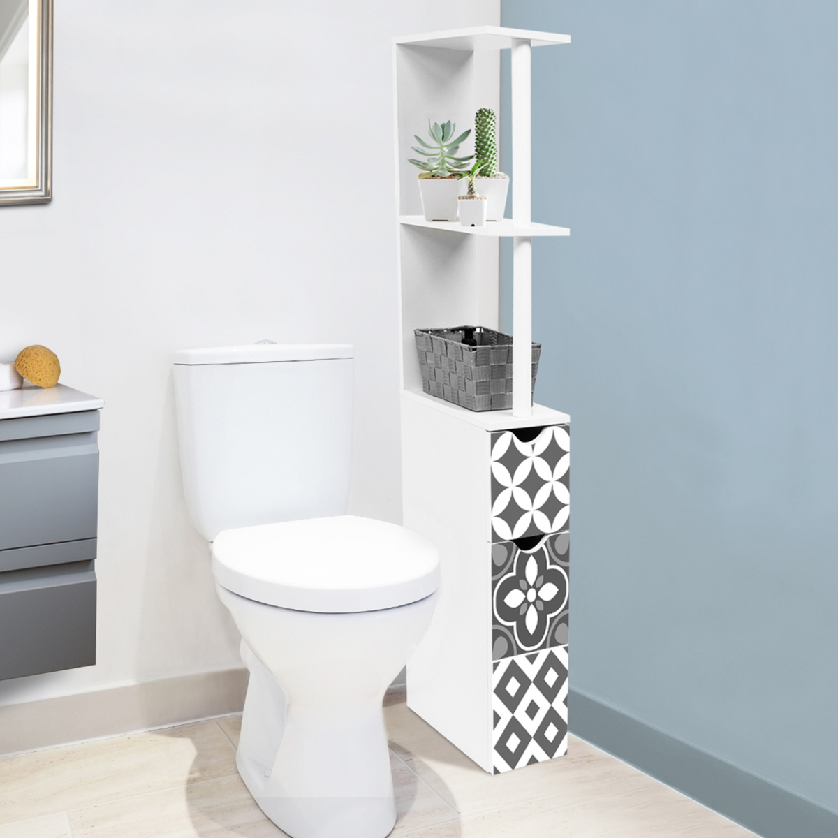 ID MARKET Meuble WC étagère bois WILLY 2 portes blanc et motif carreaux de ciment gris