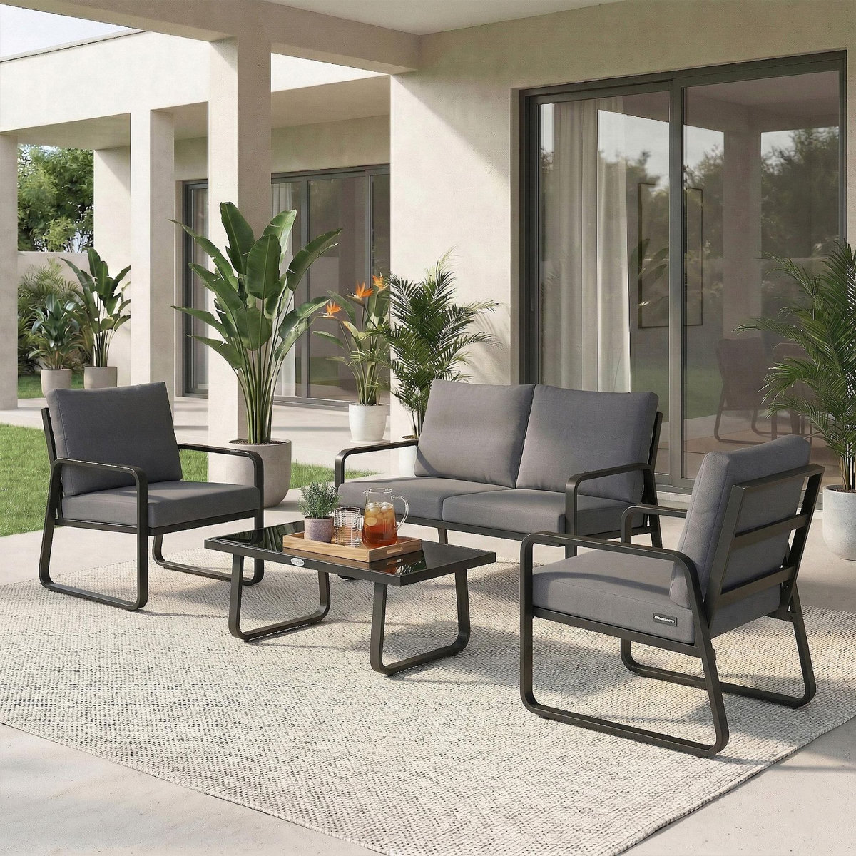 OUTSUNNY Salon de jardin design noir 4 places 4 pièces épais coussins déhoussables
