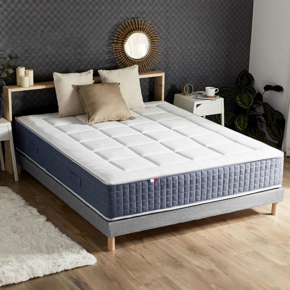 IDLITERIE Ensemble Matelas Ressort 7 zones + Mémoire de forme + Sommier KING STYLE + couette + oreillers - Fabriqué en France