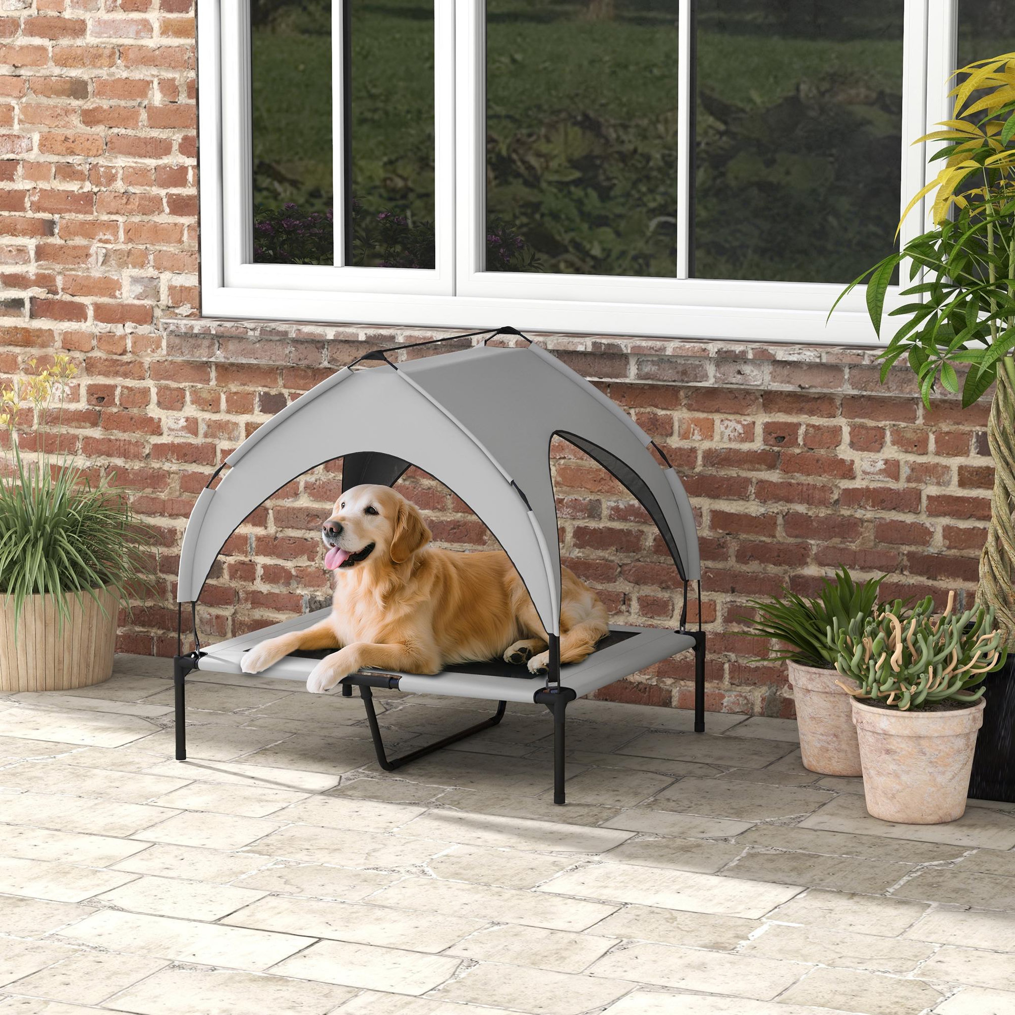Voir la diapositive 4 : PAWHUT Lit chien surélevé - lit chien sur pieds - velum textilène micro-perforé sac transport gris
