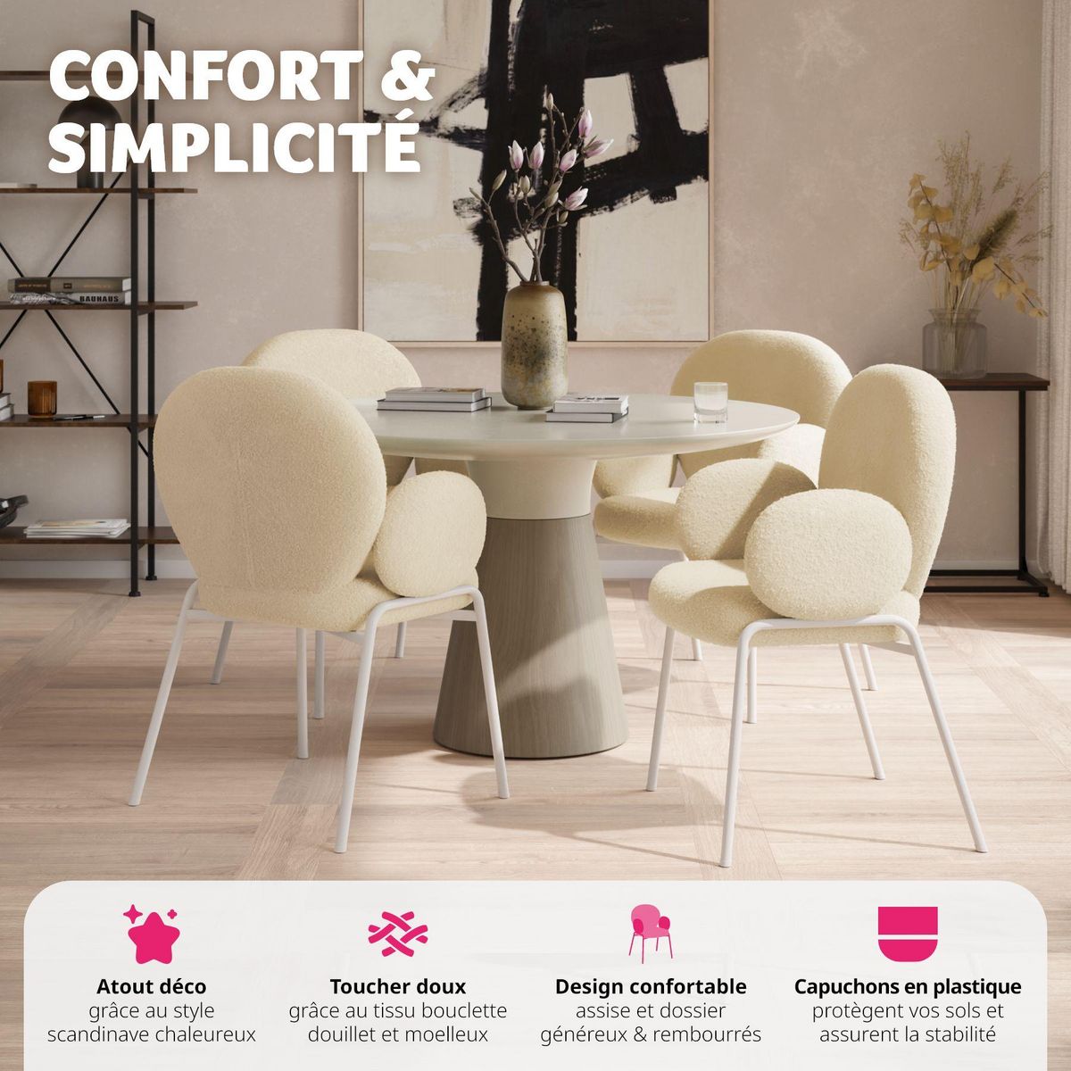 tectake Chaise rembourrée avec revêtement en tissu bouclette crème