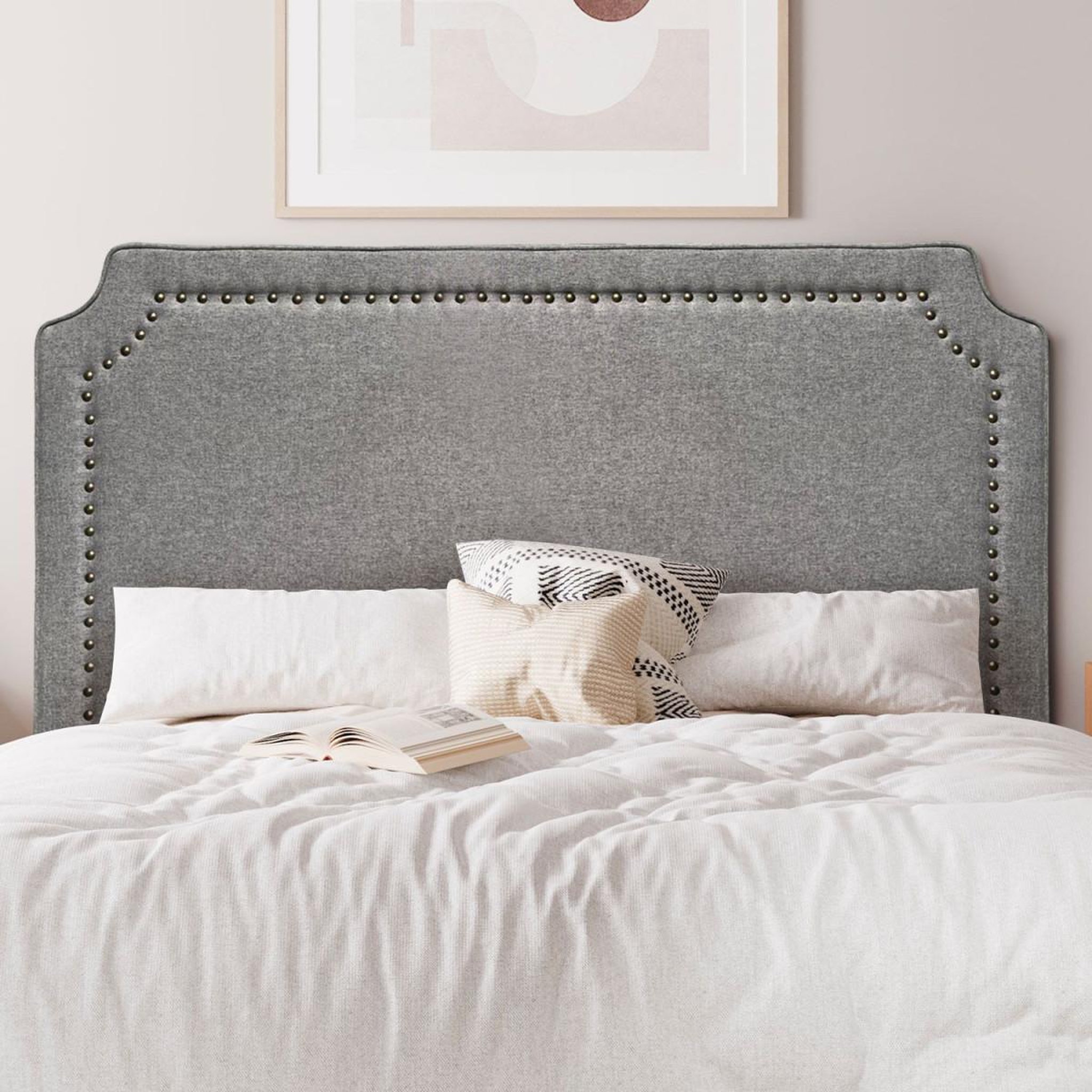 Voir la diapositive 2 : Paris Prix Tête de lit  design en tissu  selena  140cm gris chiné