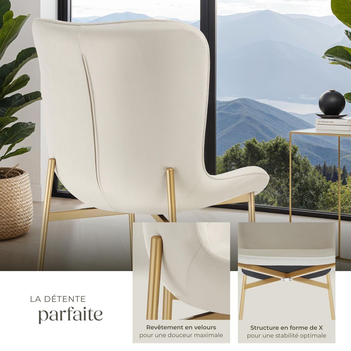 tectake Chaise rembourrée forme ergonomique avec dossier haut Aspect velours beige/doré Lot de 2