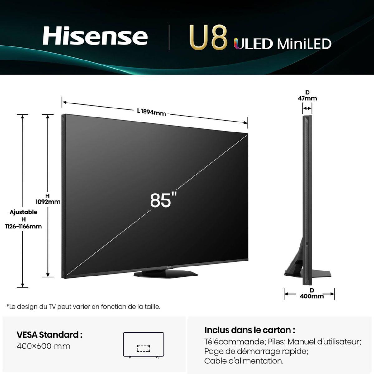 Hisense TV Mini Led 85U8Q 2025-85 pouces (215cm)