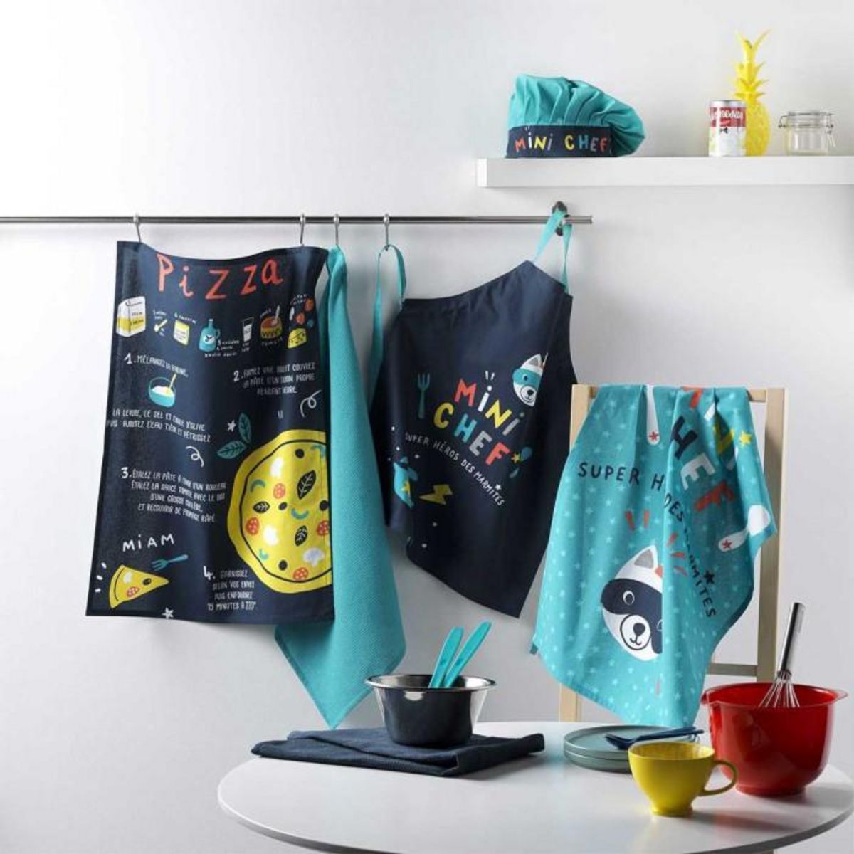 Paris Prix Lot de 2 Torchons Enfant  Mini Chef  50x70cm Bleu