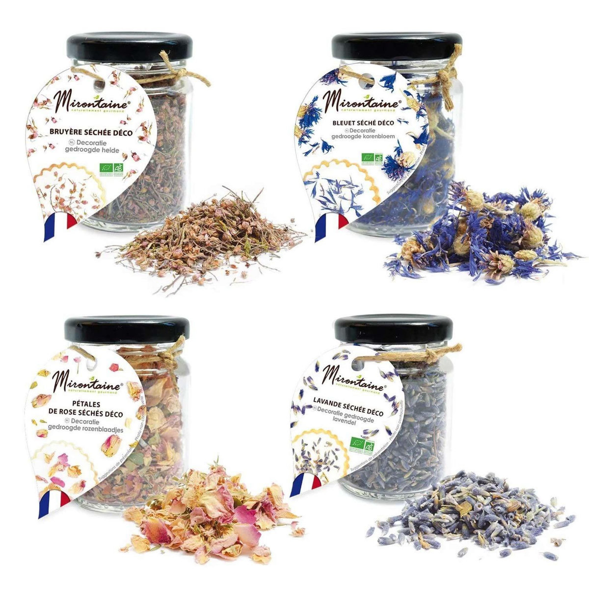 Mirontaine 4 fleurs séchées comestibles pour pâtisserie - Lavande, rose, bleuet, bruyère