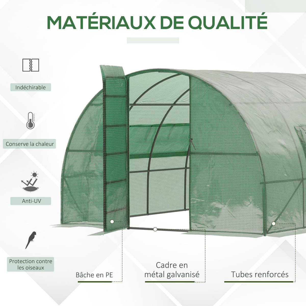 OUTSUNNY Serre de jardin tunnel 16,64 m² acier galvanisé renforcé diamètre 2,4 cm + PE haute densité fenêtres porte vert