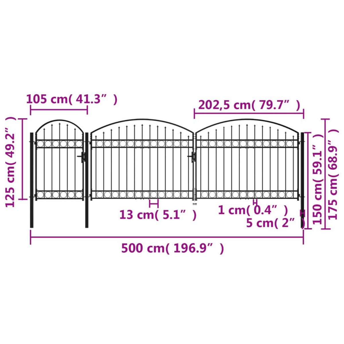 VIDAXL Portail de jardin avec dessus arque Acier 1,75 x 5 m Noir