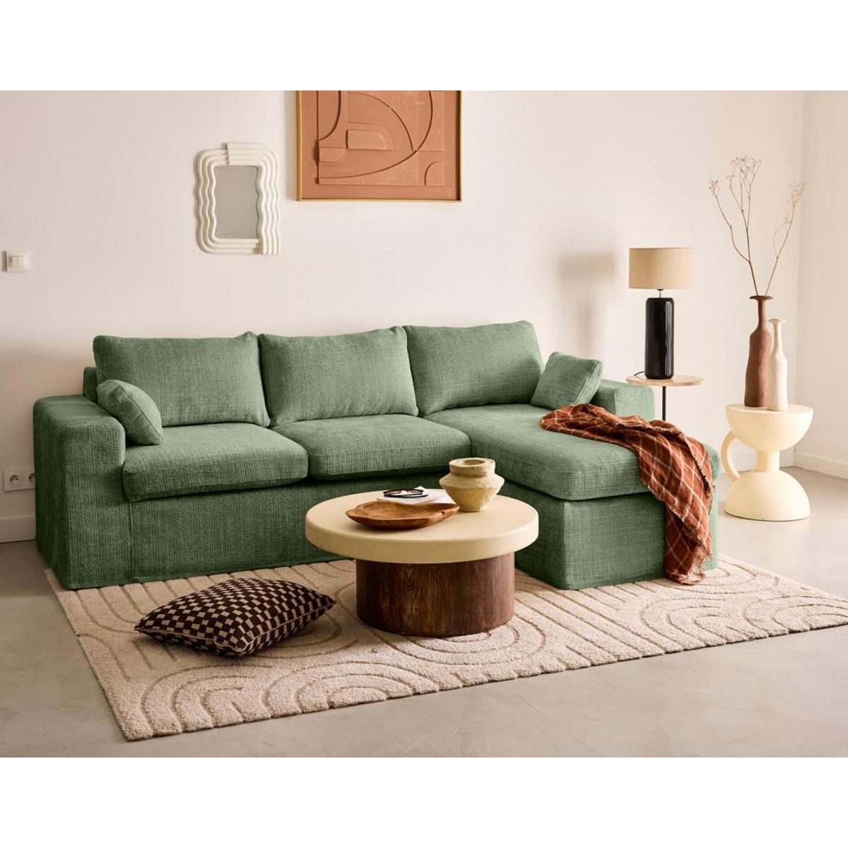 LISA DESIGN Calgary - canapé d'angle déhoussable et modulable 3 places + 1 pouf en velours texturé