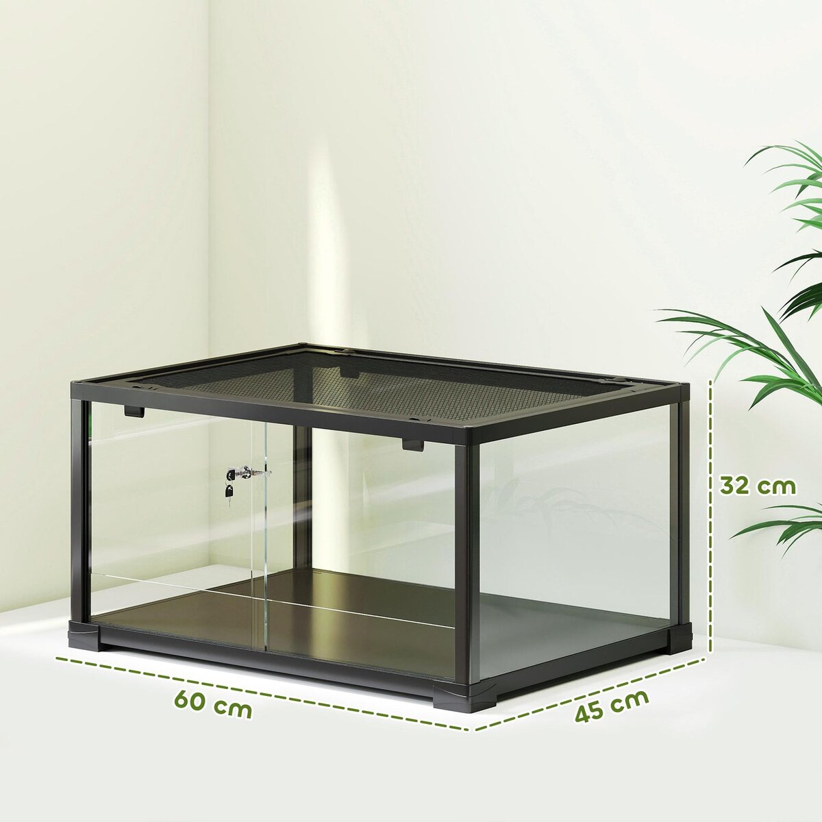 PAWHUT Terrarium 86L - toit maillé et porte coulissante verrouillable - 50x30x35cm - alu noir verre