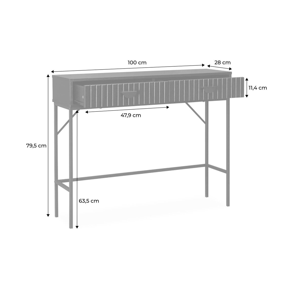 SWEEEK Console 2 tiroirs effet bois rainuré noir. pieds métal noir