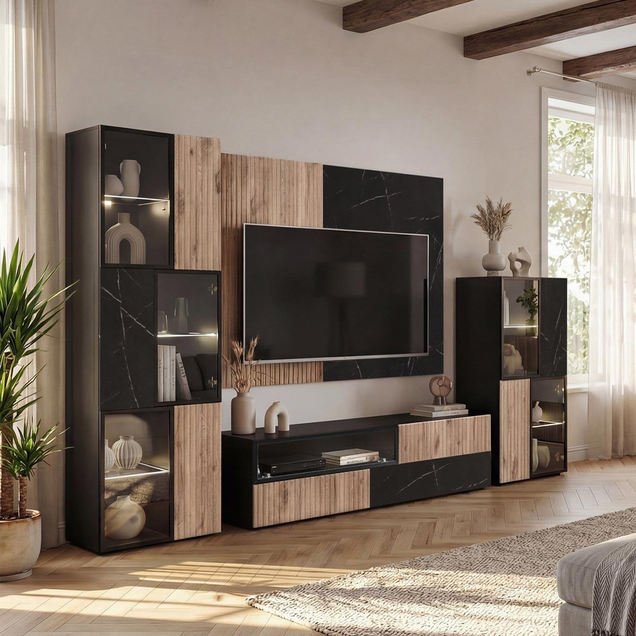 Voir la diapositive 3 : Paris Prix Meuble tv 3 tiroirs  cannes  160cm noir & naturel