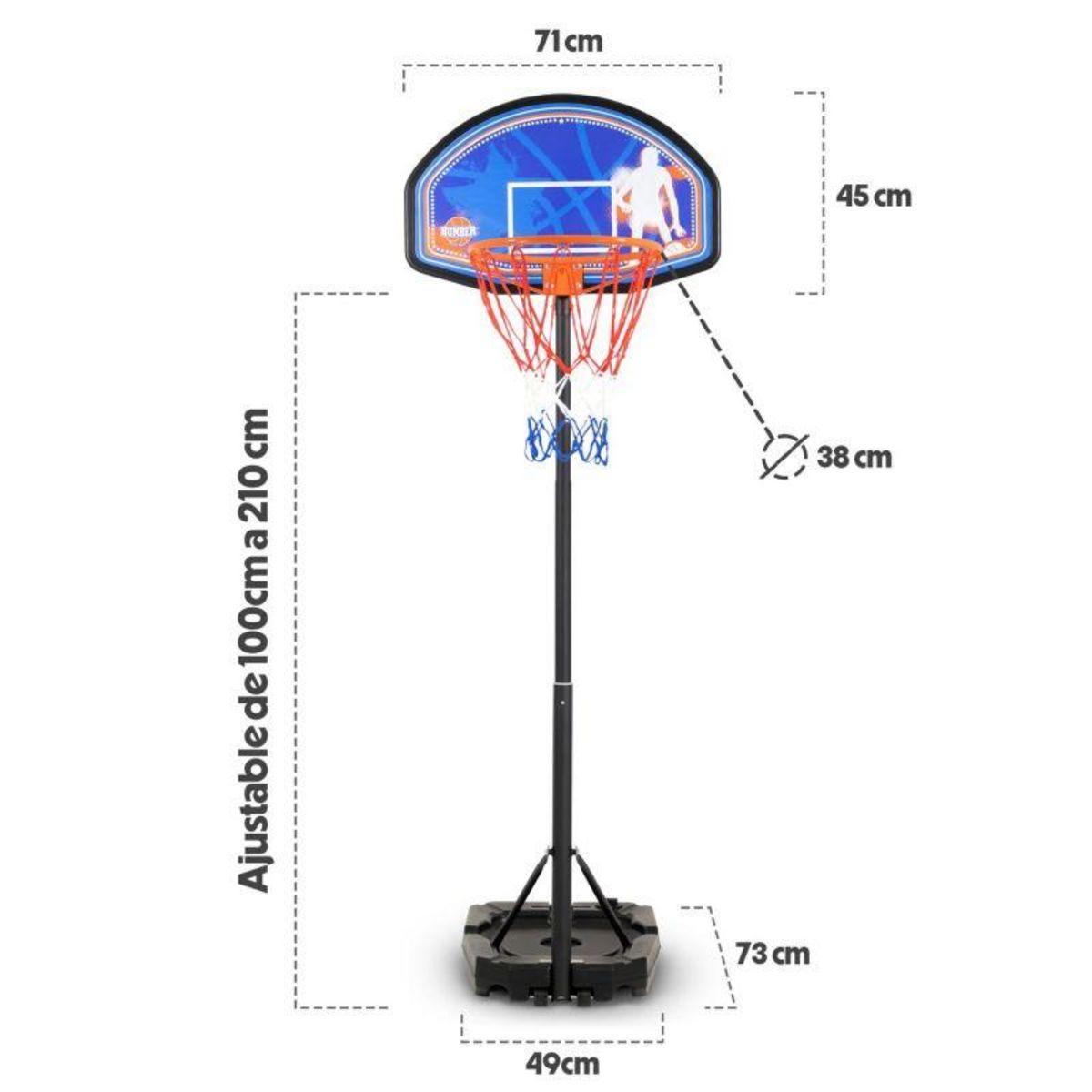 BUMBER Panier de basket réglable en hauteur de 1m à 2m10 (10 positions) - Milwaukee - avec Ballon et Pompe