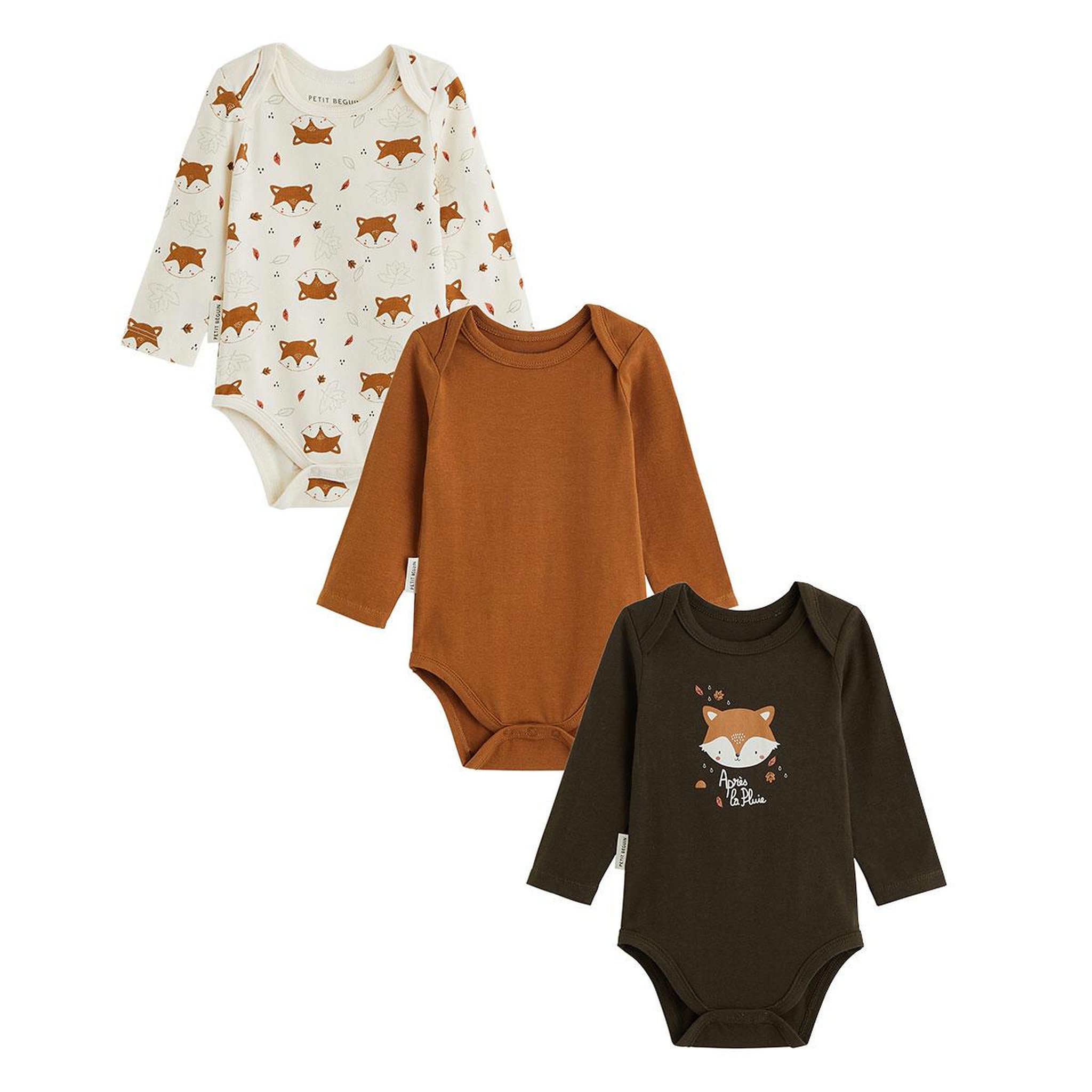 PETIT BEGUIN Lot de 3 bodies bébé manches longues ginkgo. Coloris disponibles : Vert