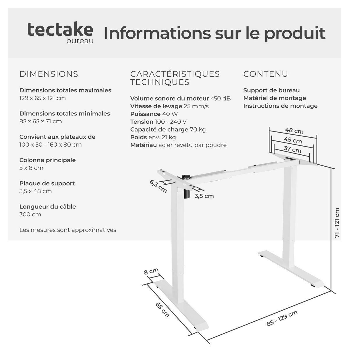 tectake Bureau assis debout avec réglage électrique de la hauteur
