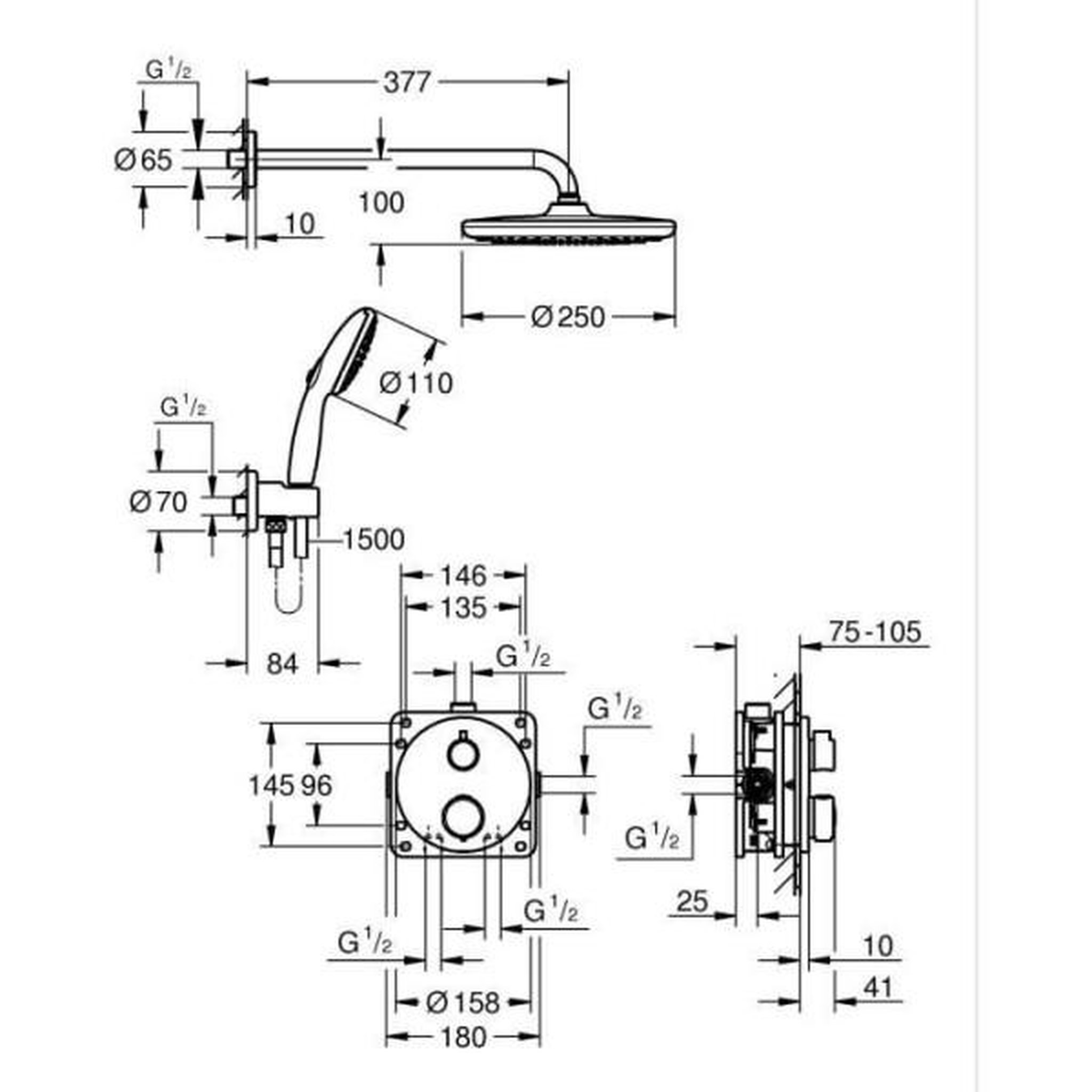 Voir la diapositive 5 : Grohe Ensemble de douche encastré - 1 + 2 jets - mitigeur thermostatique - grohe - 348832430 - noir