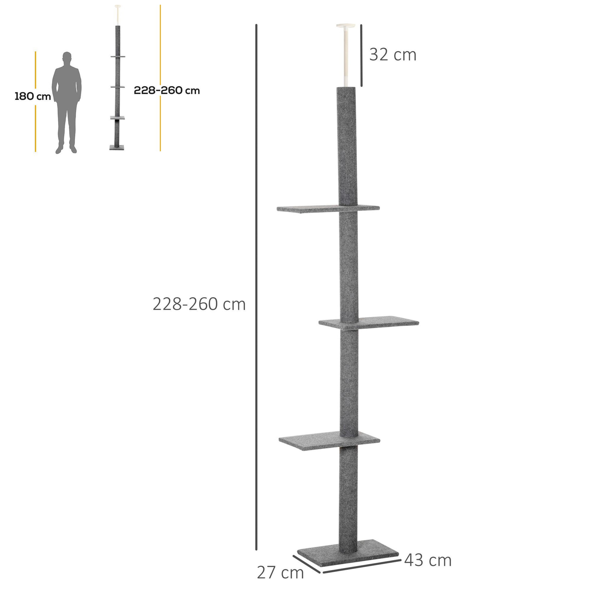 Voir la diapositive 3 : PAWHUT Arbre à chat poteau à griffer hauteur réglable dim. 43l x 27i x 228-260h cm 4 niveaux d'activités gris clair
