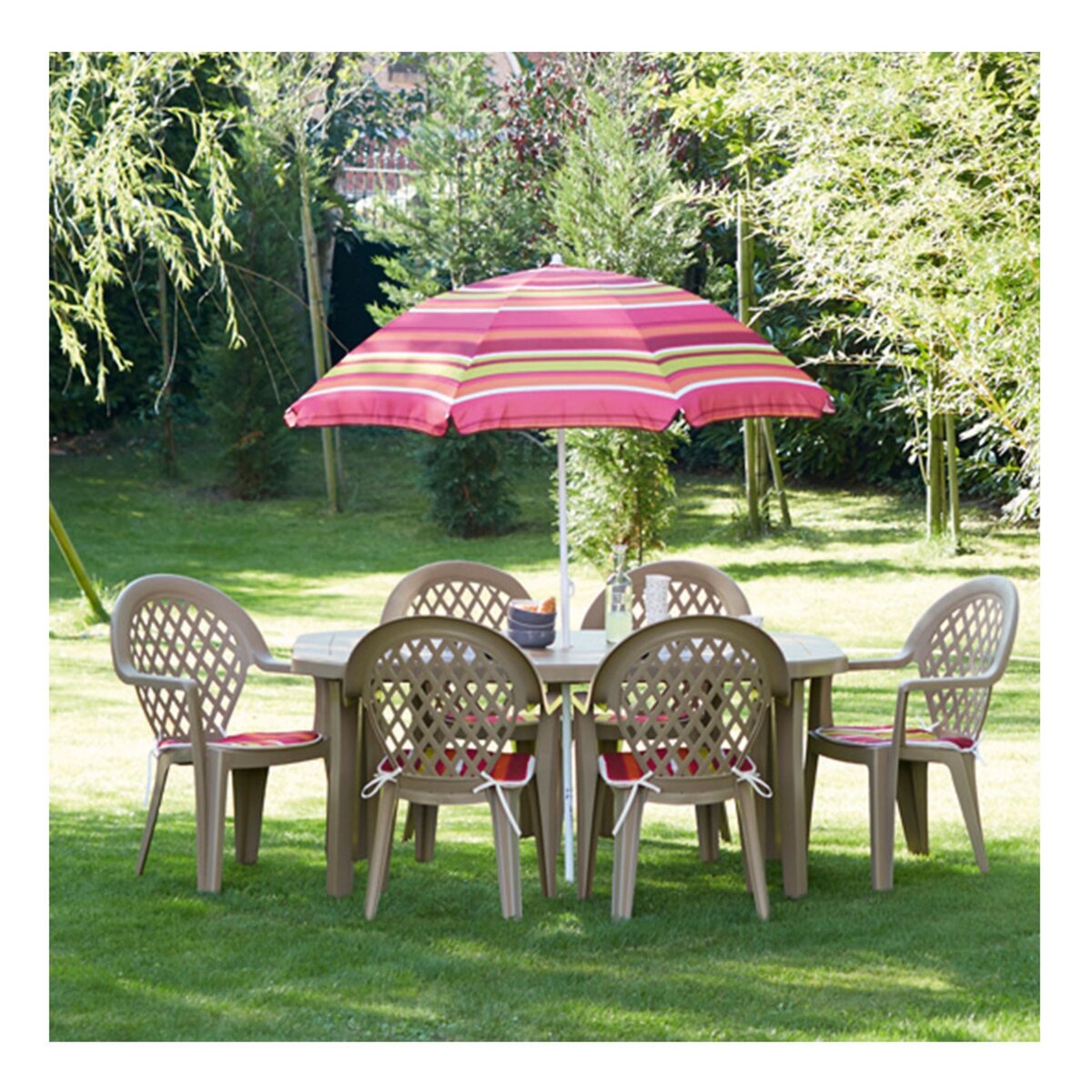 GROSFILLEX Table de jardin 165X100cm + 6 galettes + 1 parasol taupe MIAMI