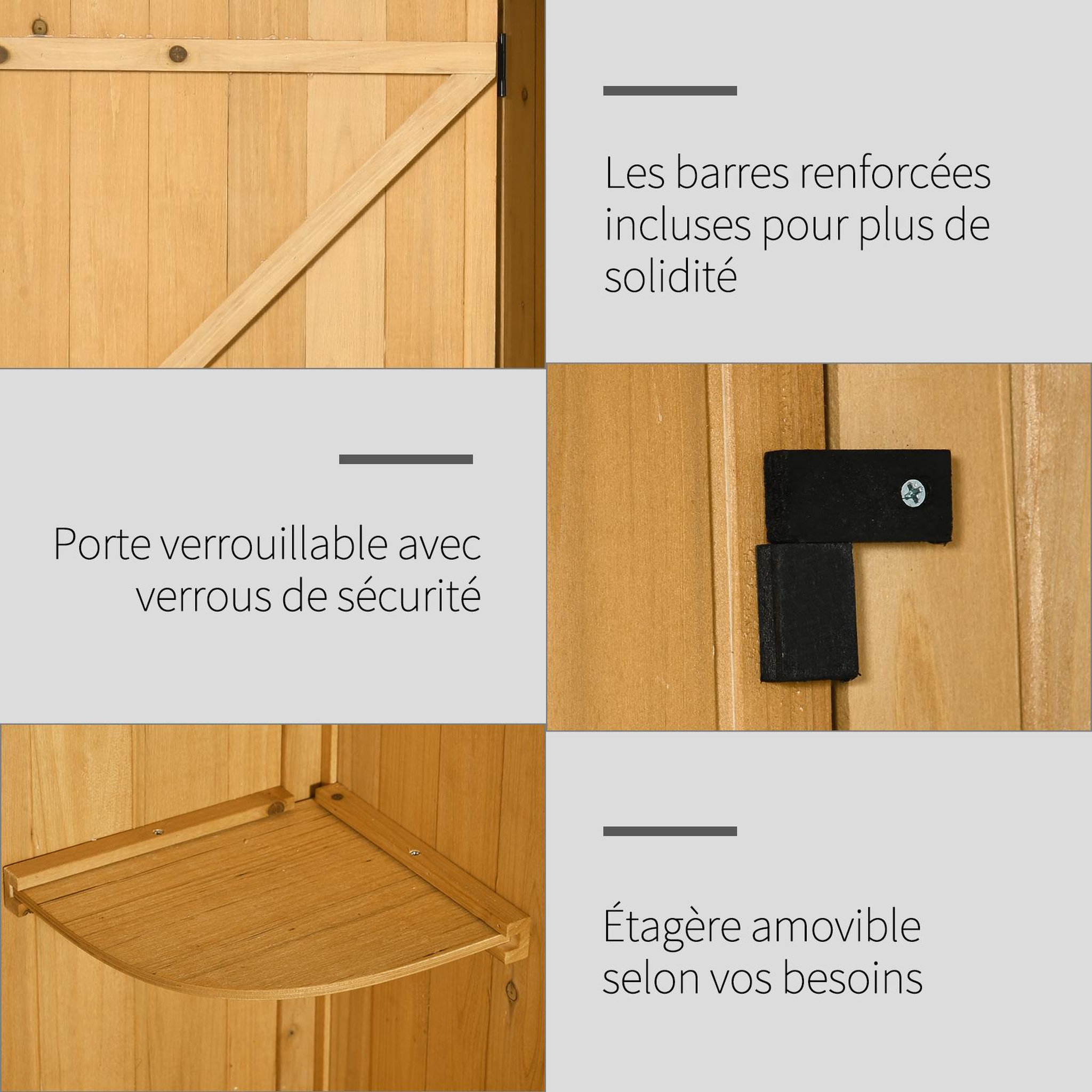 Voir la diapositive 6 : OUTSUNNY Armoire abri de jardin remise pour outils 3 étagères 2 portes loquets toit pente bitumé 77L x 54l x 179H cm sapin traité lasuré