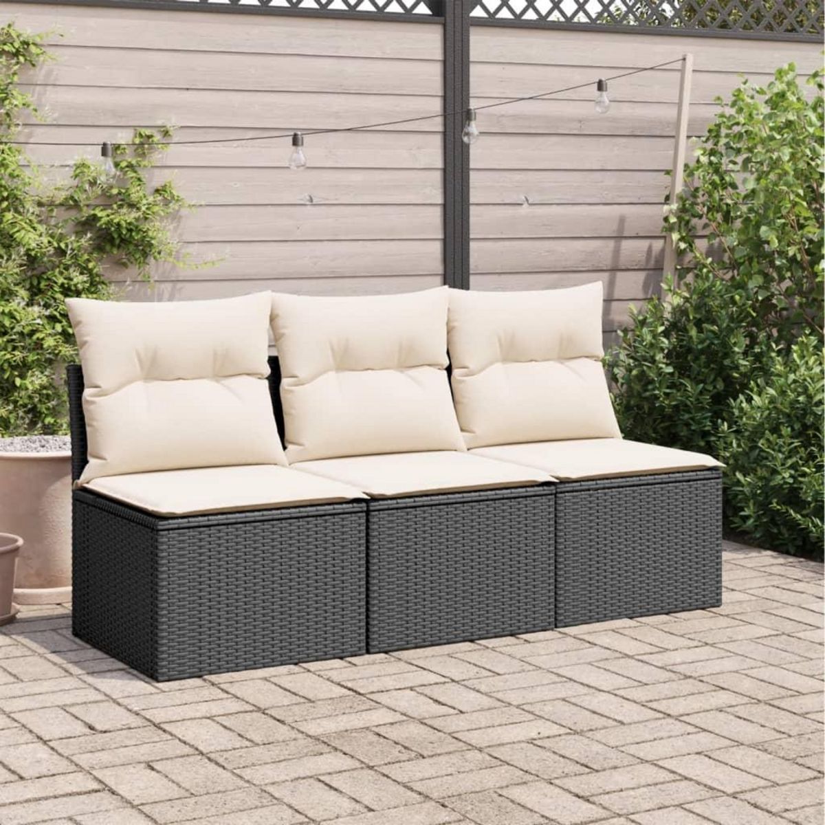 VIDAXL Canape de jardin avec coussins 3 places noir resine tressee