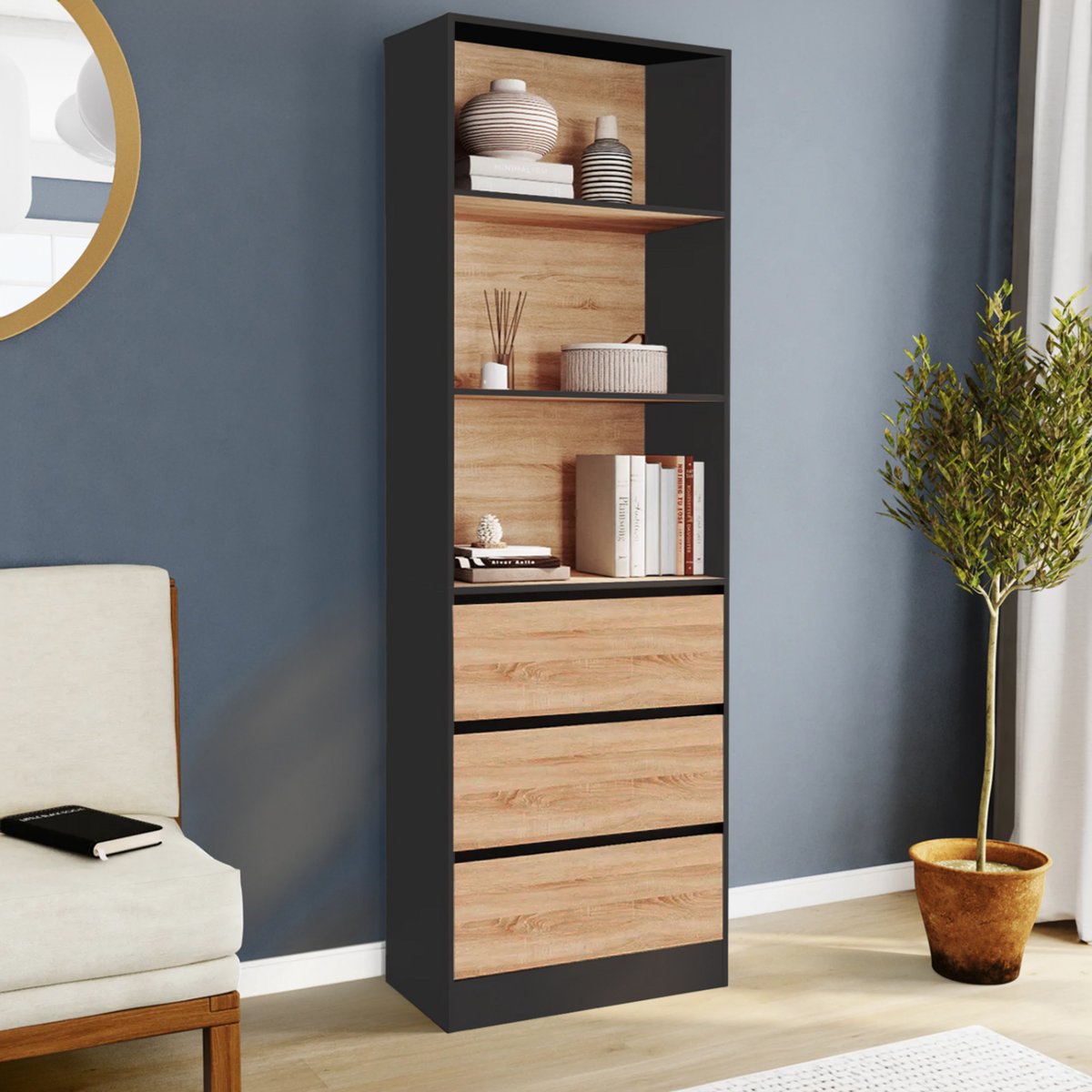 ID MARKET Etagère bibliothèque CARLA 3 niveaux 3 tiroirs noir et effet bois H.190 cm