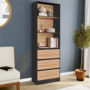 Voir la diapositive 2 : ID MARKET Etagère bibliothèque CARLA 3 niveaux 3 tiroirs noir et effet bois H.190 cm