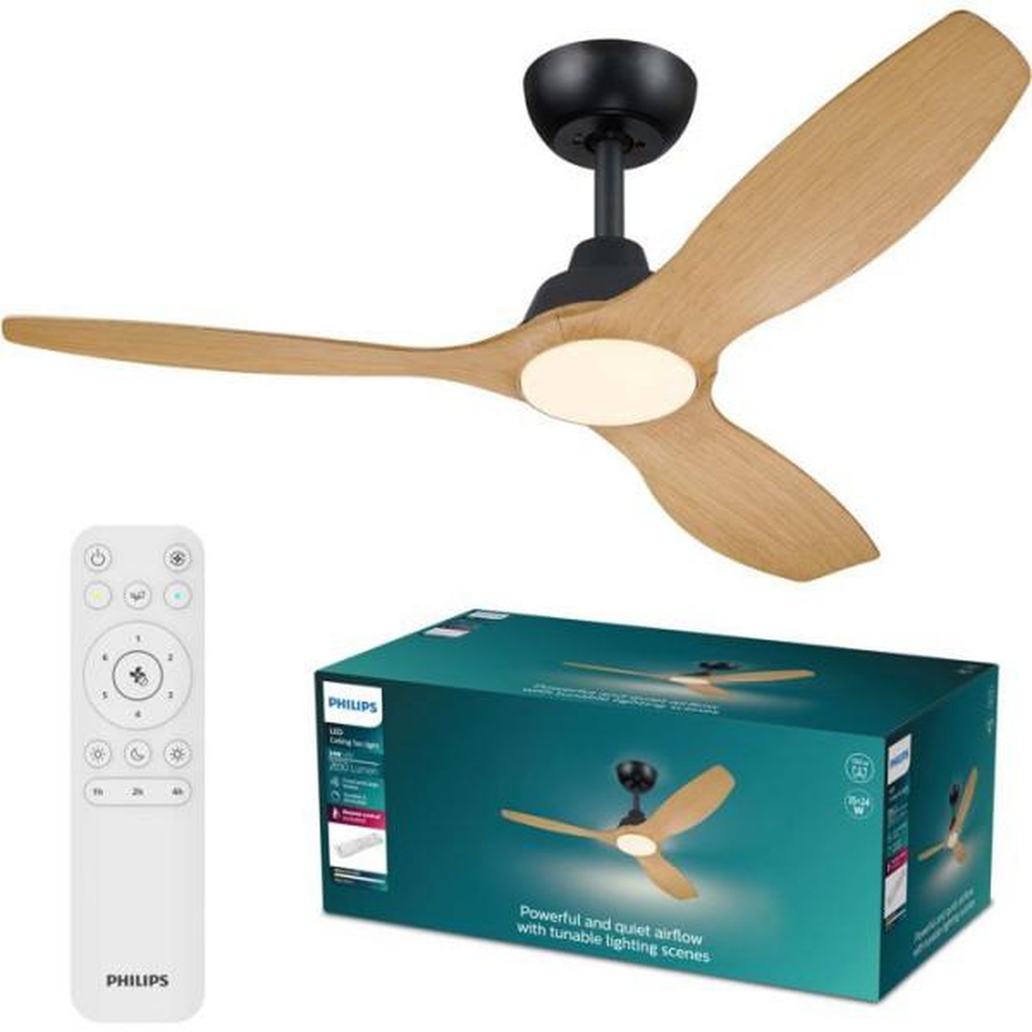 Philips Ventilateur de Plafond - Plafonnier  - Philips - Olas - Pales fixes - Diametre 132 cm - Noir/Bois - LED intégrée + télécommande