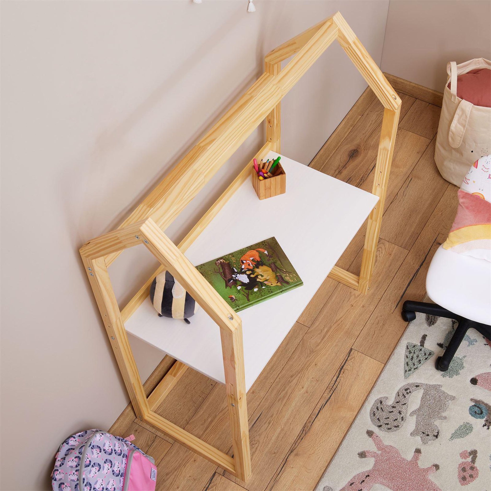 Voir la diapositive 5 : IDIMEX Bureau enfant évolutif TINA en forme de maison, en pin massif