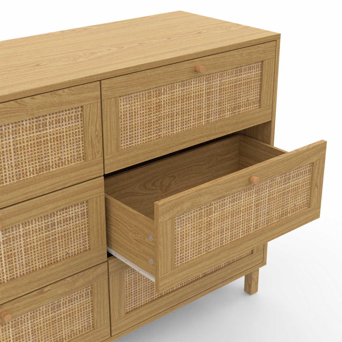 ID MARKET Commode 6 tiroirs HANAE 115 cm effet naturel cannage