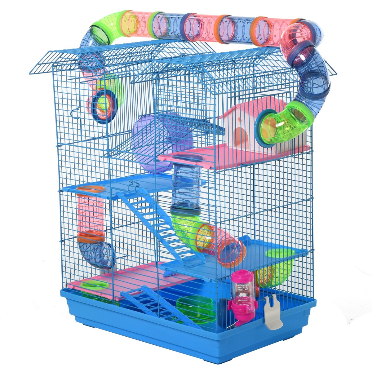 PAWHUT Cage pour Hamster Souris Petit Animaux Rongeur avec Tunnel Mangeoire  Roue Jouet 47 x 30 x 59 cm cm Bleu