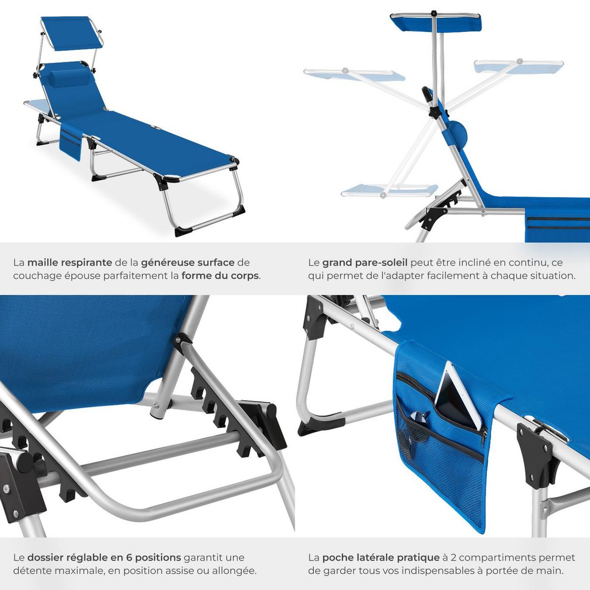 tectake Bain de soleil pliable avec oreiller bleu
