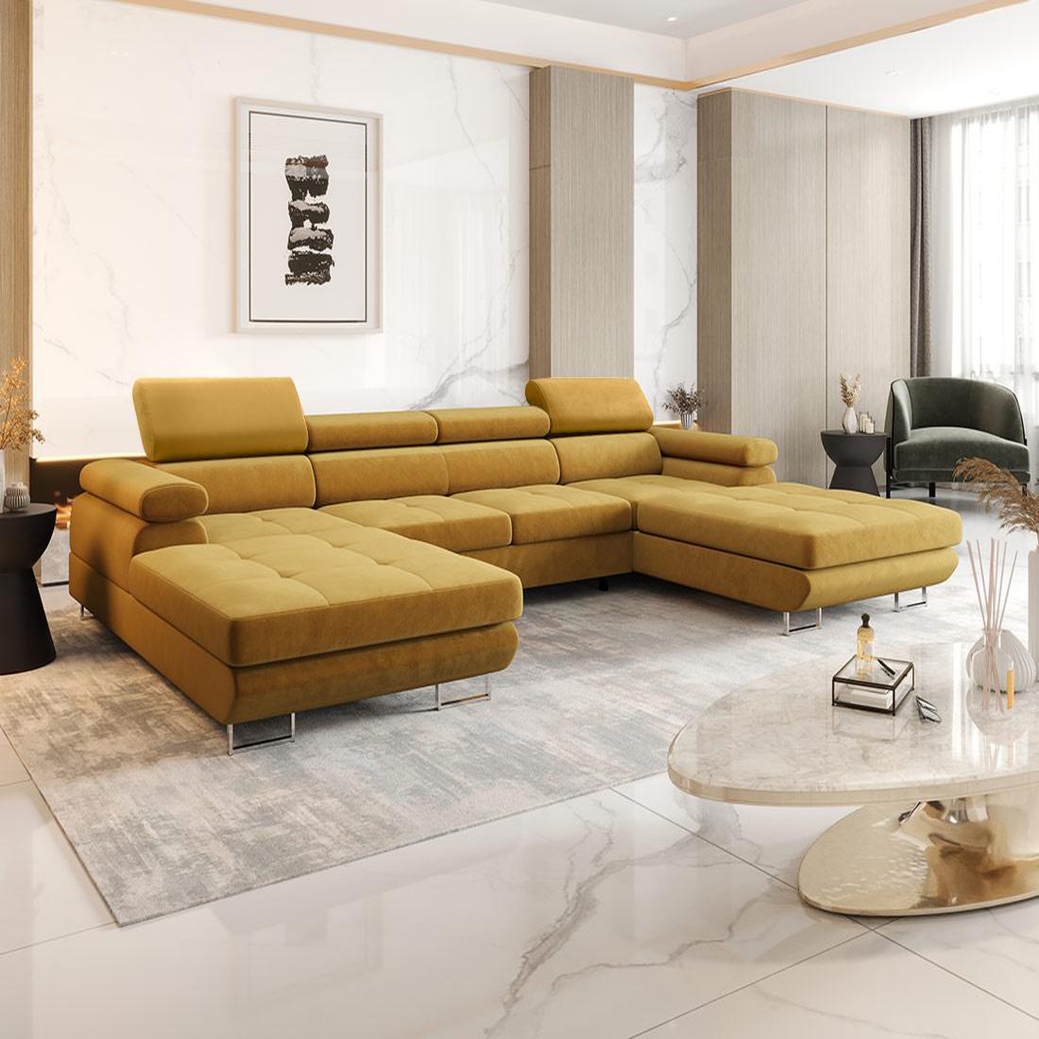 Voir la diapositive 2 : BEST MOBILIER Ayden - canapé panoramique en u 7 places convertible avec coffre et têtières réglables en tissu