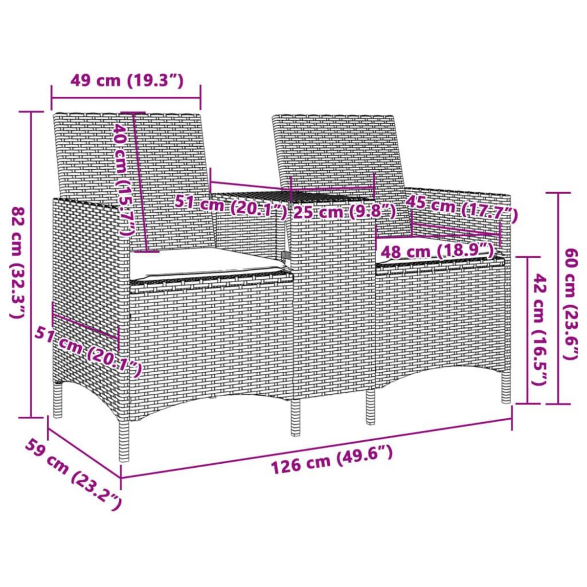 VIDAXL Canape de jardin 2 places avec table et coussins resine tressee