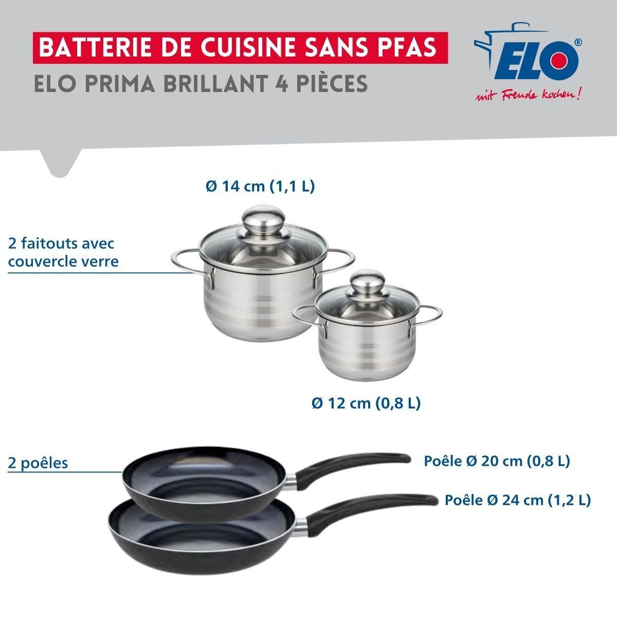 ELO Ensemble de 2 Poêles de cuisson 20 et 24 cm et 2 faitouts 12 et 14 cm Elo Prima Brillant