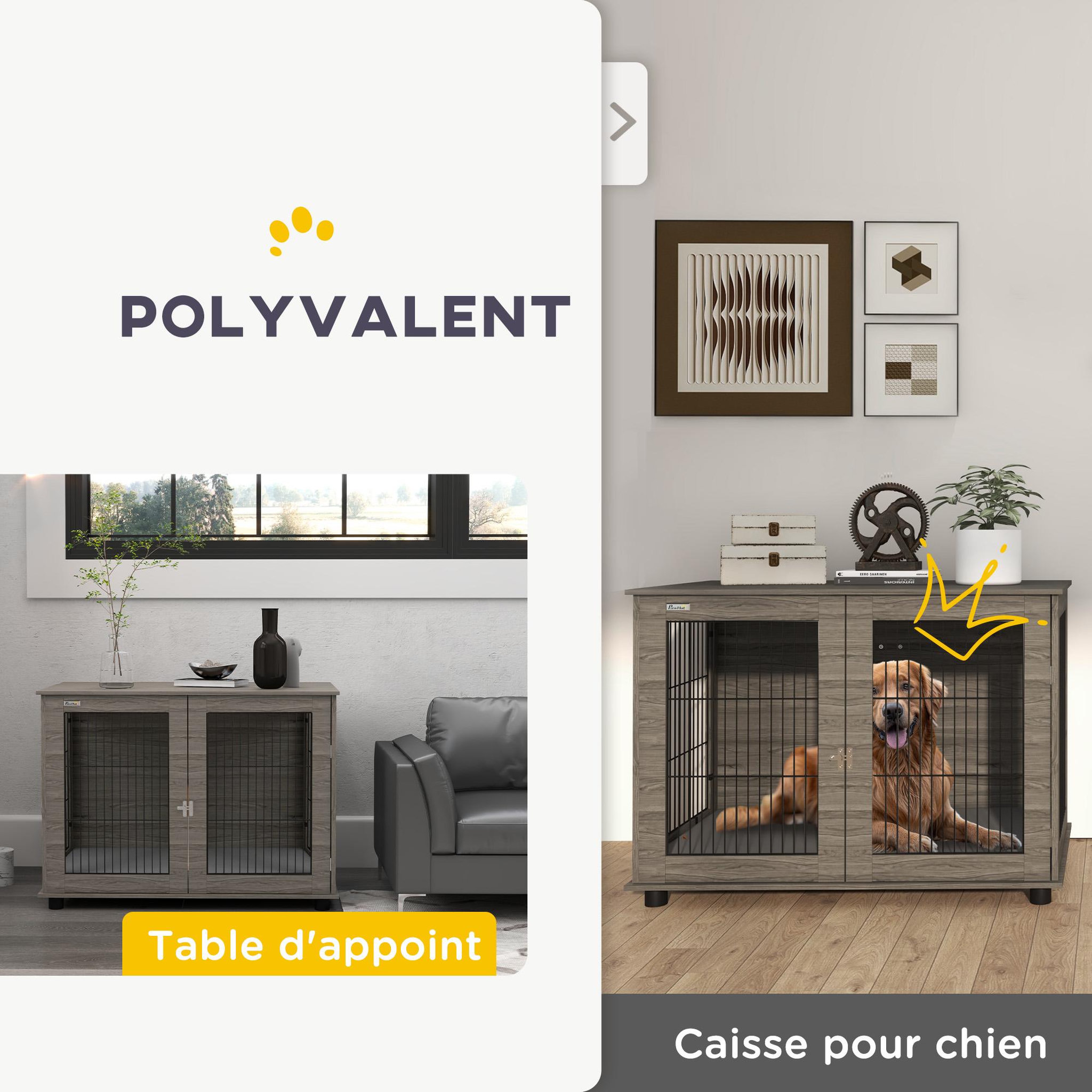 Voir la diapositive 5 : PAWHUT Cage pour chien intérieure dim. 100l x 60l x 73,5h cm - porte verrouillable, coussin déhoussable - acier noir aspect bois gris