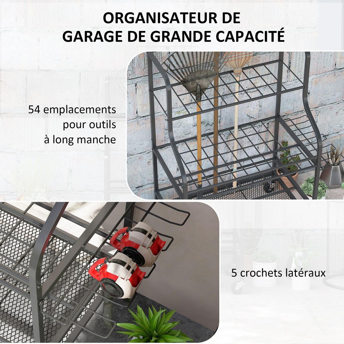 OUTSUNNY Organisateur d'outils de jardin - chariot de jardin - desserte - 5 crochets, 54 compartiments - acier noir