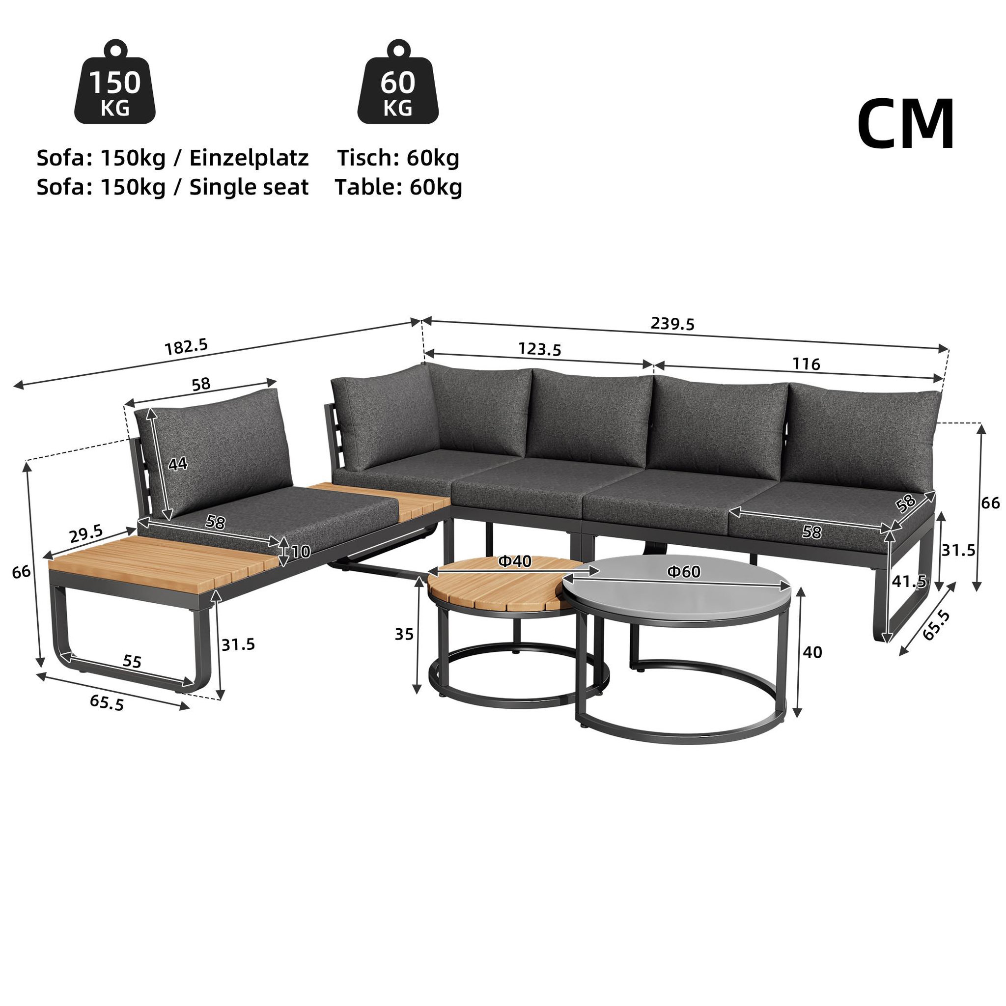 Voir la diapositive 3 : MERAX Salon de jardin 5 places en fer avec 2 tables empilables, pieds réglables, coussins, gris