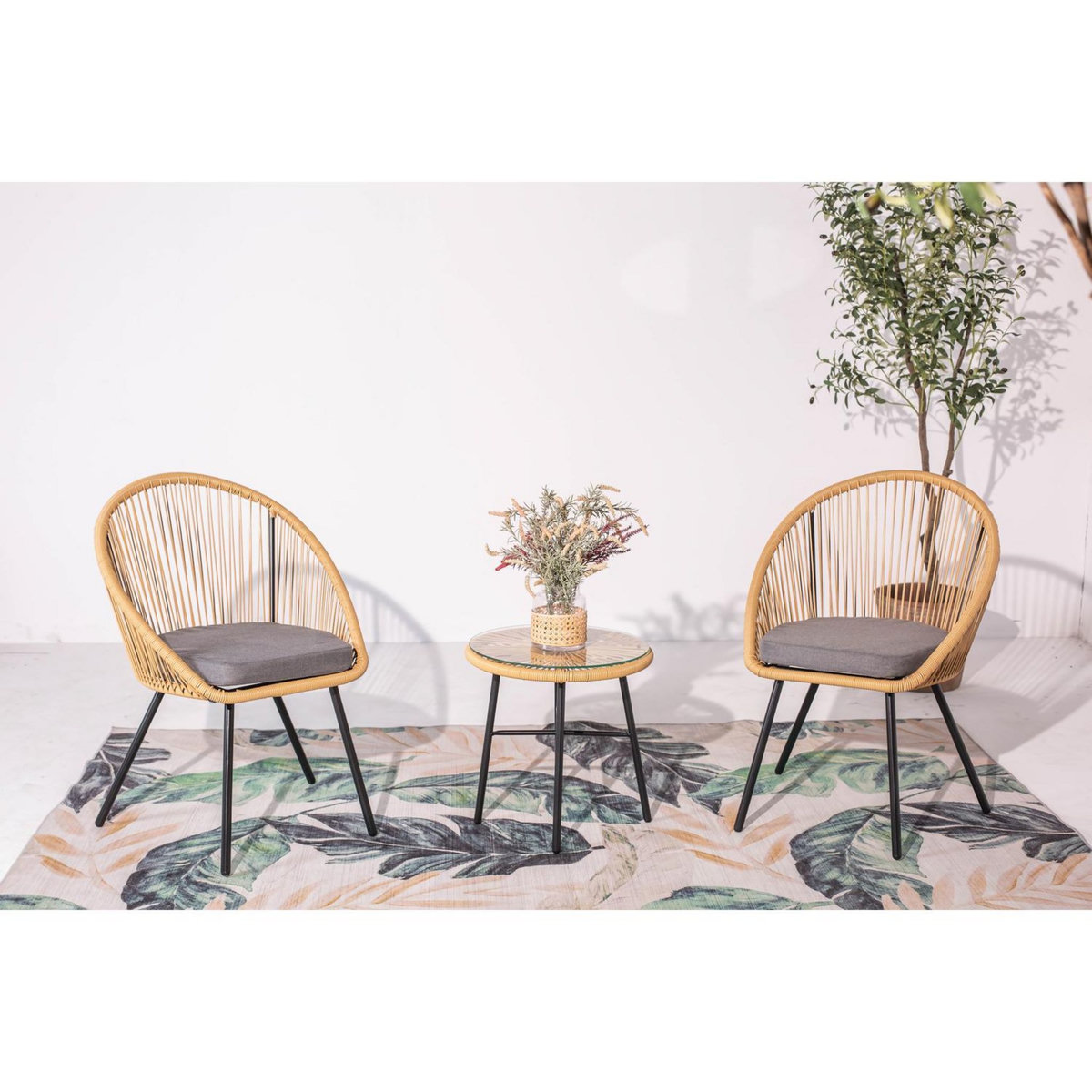 CONCEPT USINE Salon de balcon 2 fauteuils et 1 table coussins gris IPANEMA