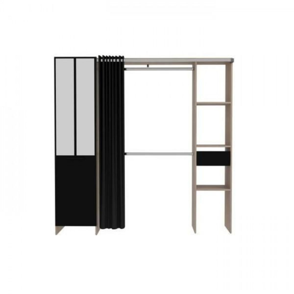 EKIPA Dressing ARTIC avec rideau - EKIPA - Décor Chene et noir - 1 colonne + 1 armoire + 2 penderies + 2 tiroirs