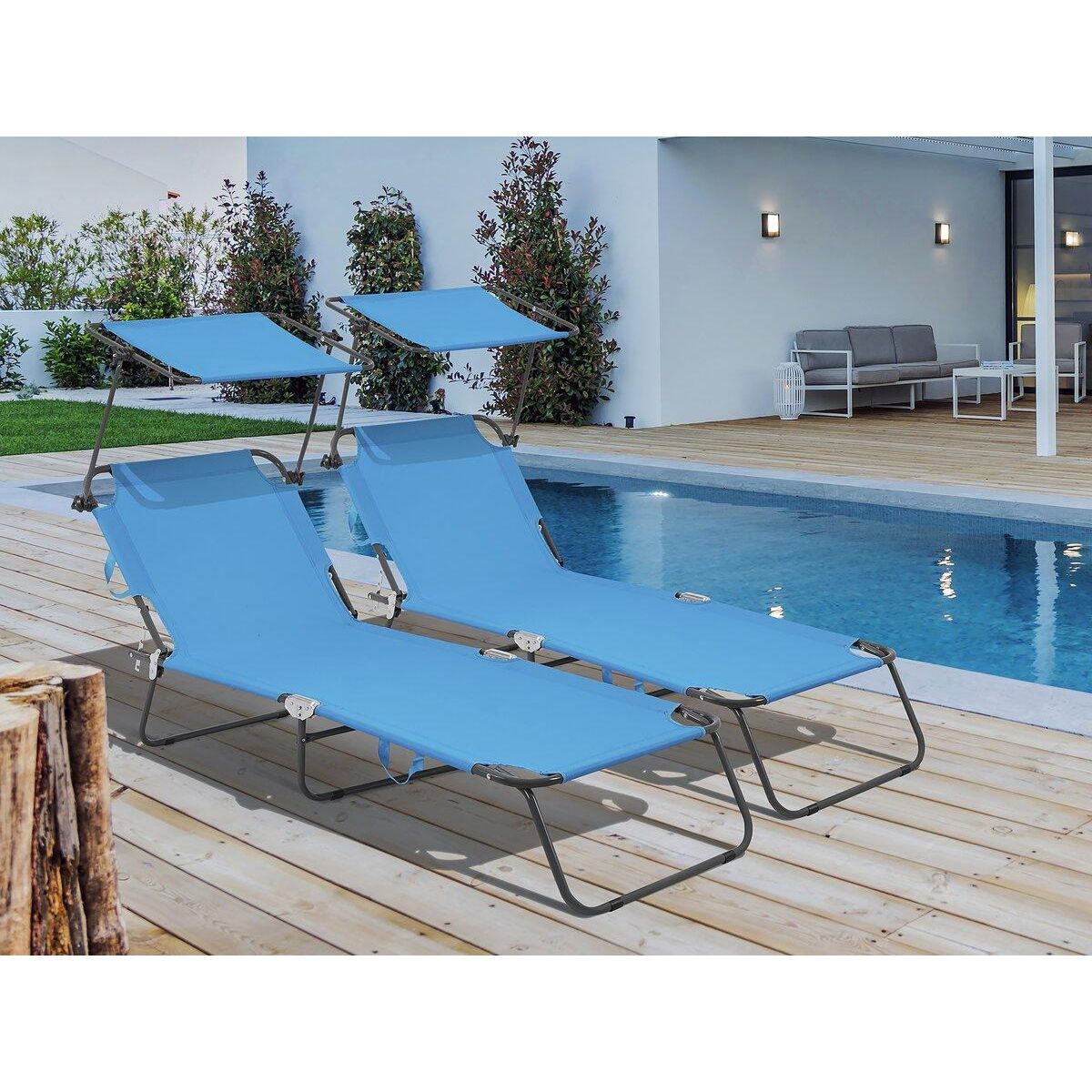 Habitat et Jardin Lot de 2 bains de soleil pliable  Lazy  - Avec pare soleil - Bleu