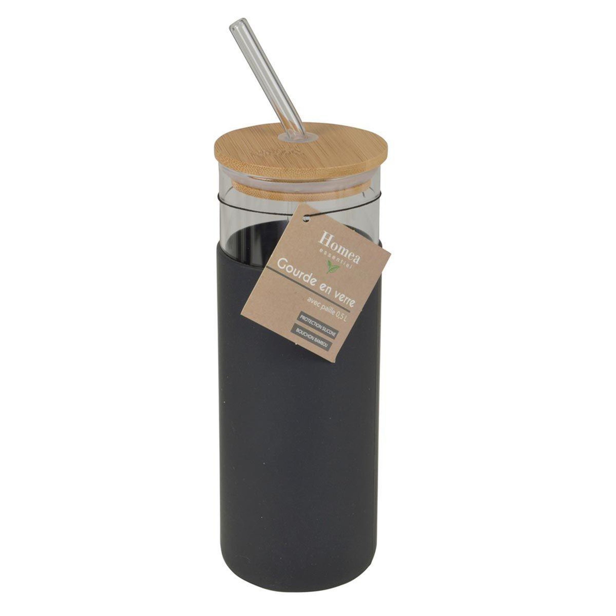 Voir la diapositive 2 : HOMEA Gourde & paille en verre  silicone  0,5l anthracite