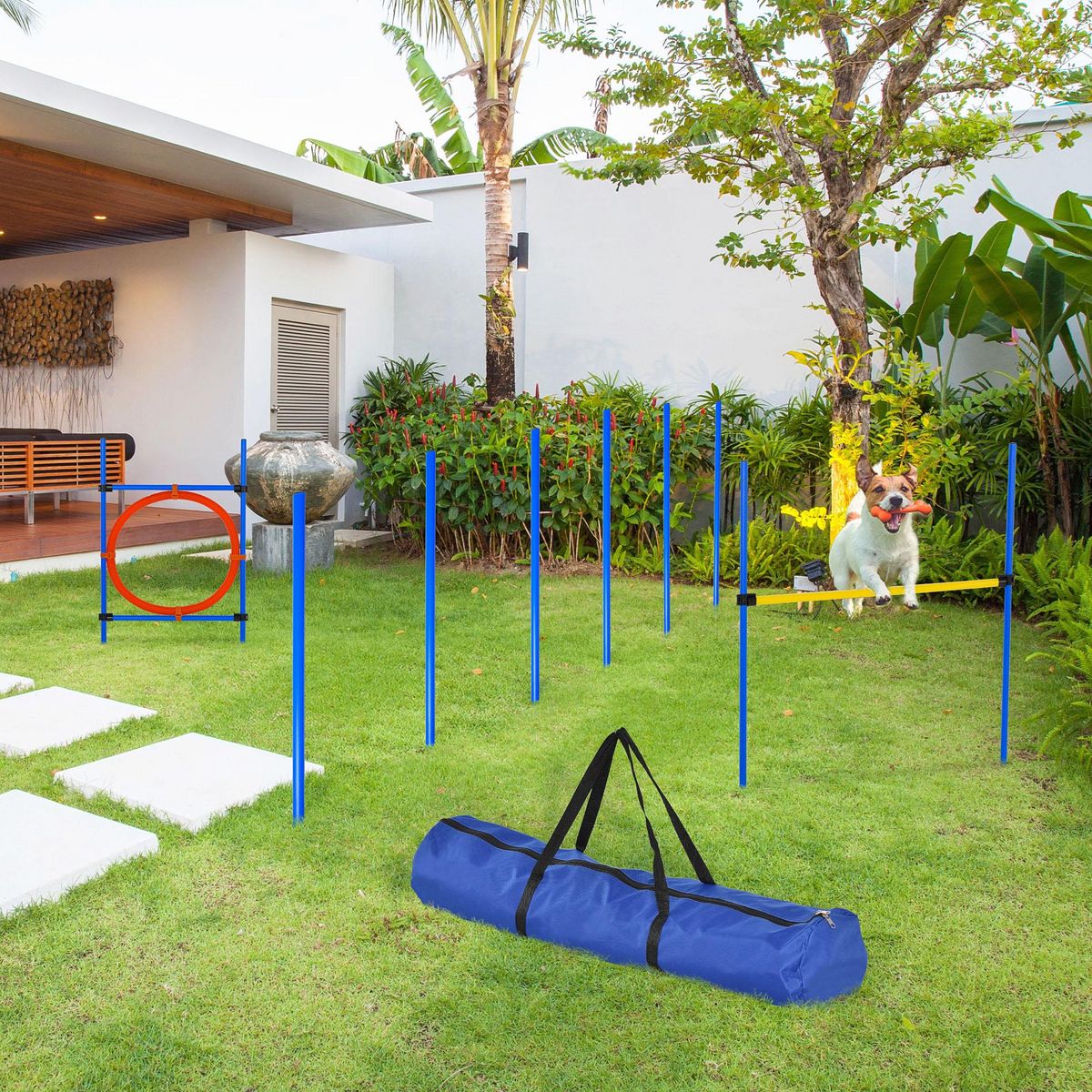 PAWHUT Agility sport pour chiens équipement complet : 6 poteaux slalom, obstacle, anneau + sac de transport bleu jaune rouge