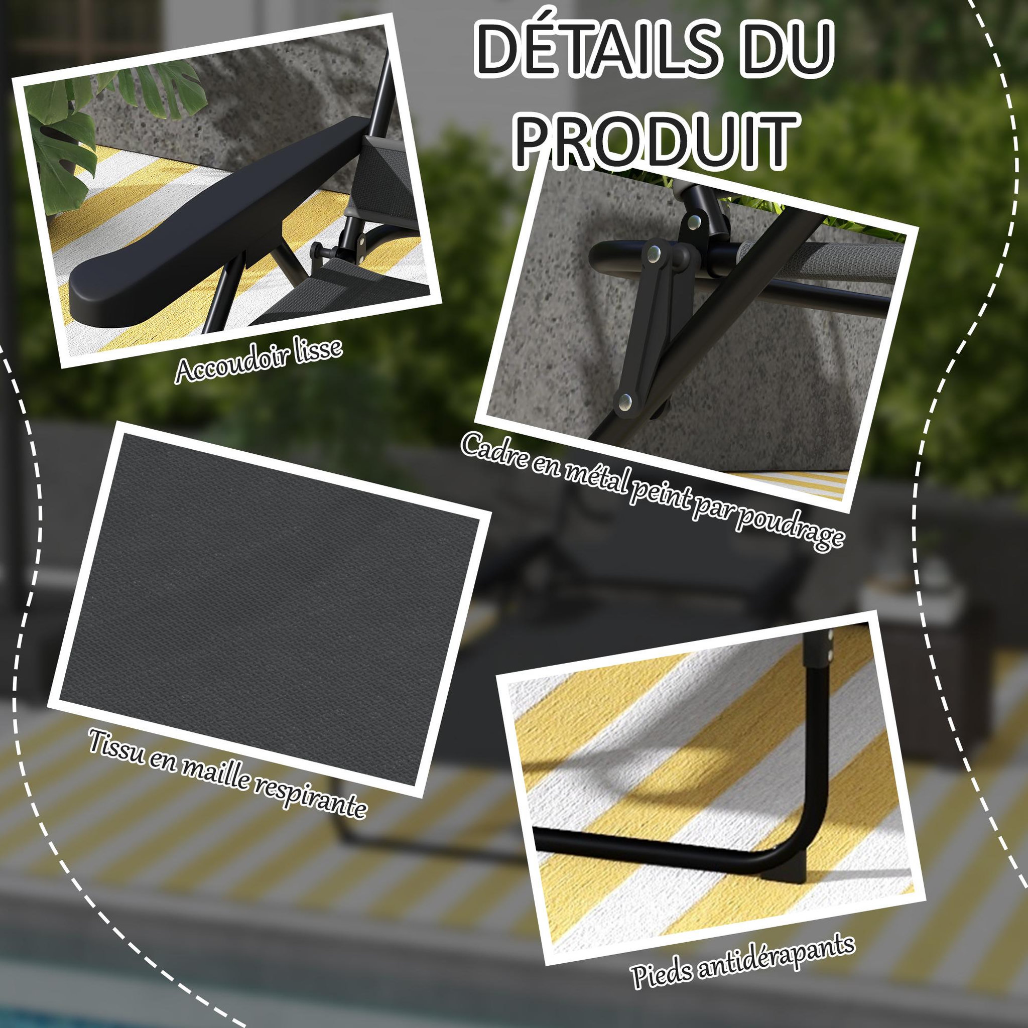 Voir la diapositive 6 : OUTSUNNY Bain de soleil transat pliable inclinable - coussins, espace tête - acier noir polyester antracite