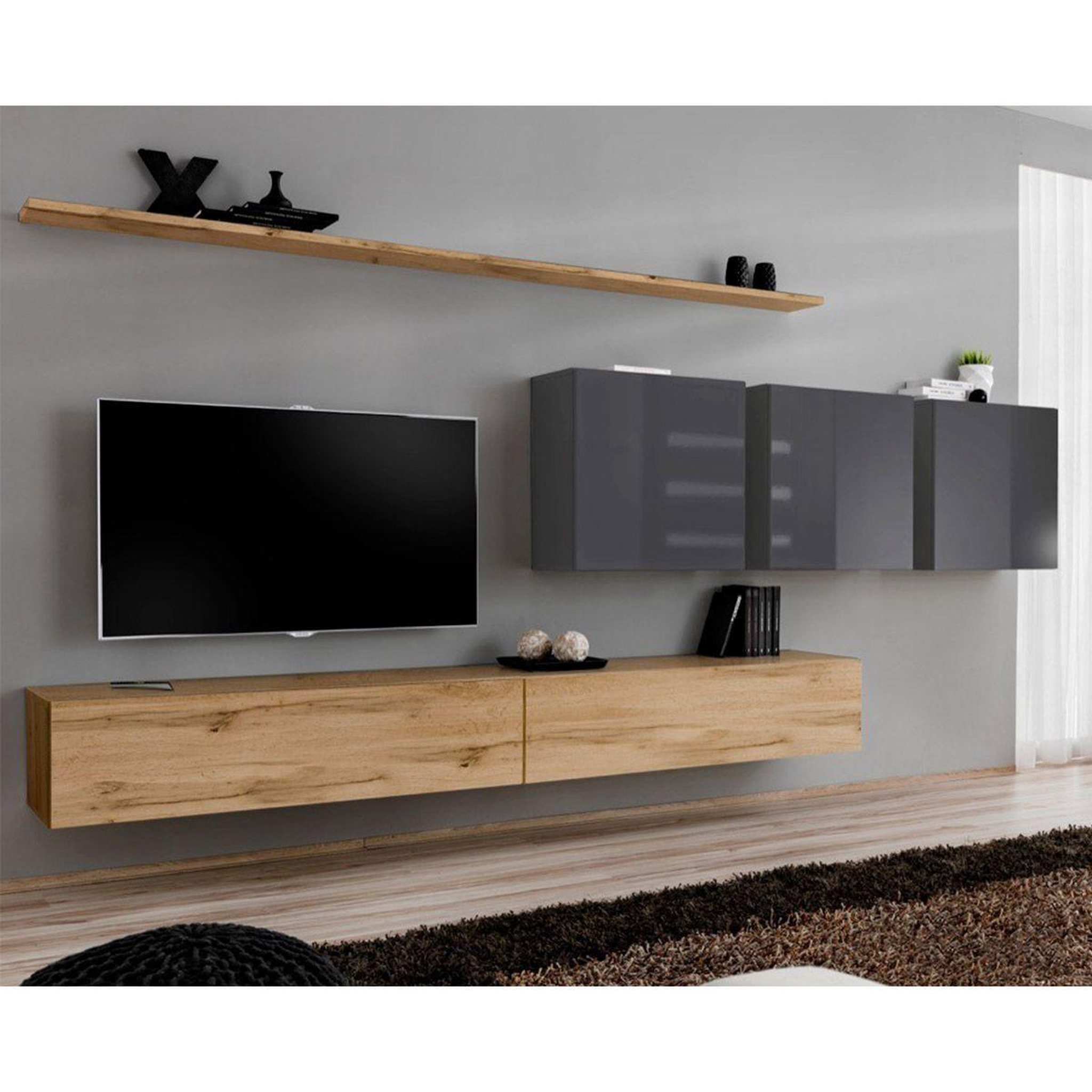 Voir la diapositive 1 : Paris Prix Meuble tv mural design  switch vii  340cm naturel & gris