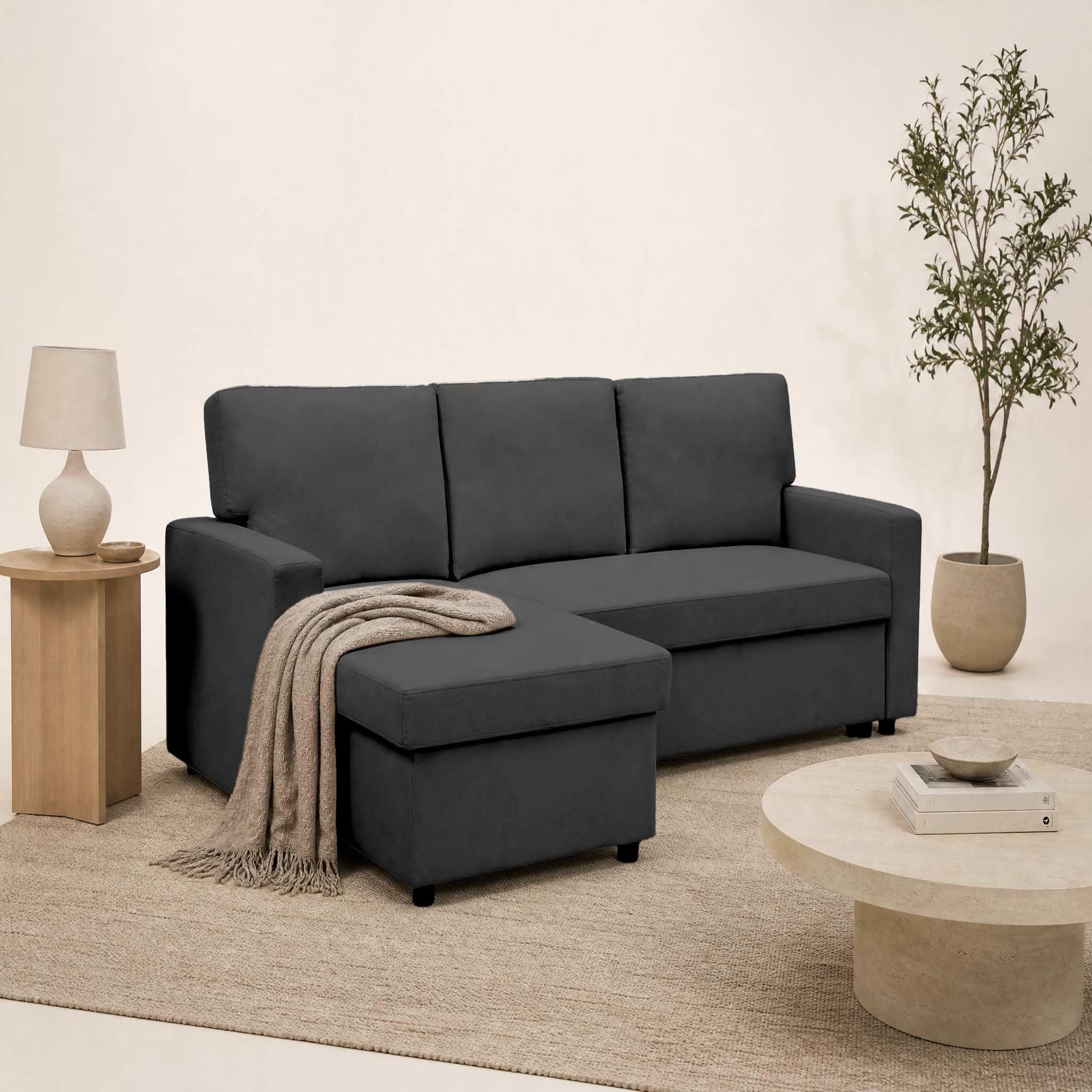 Voir la diapositive 2 : BEST MOBILIER Meiya - canapé d'angle réversible 4 places convertible avec coffre en tissu