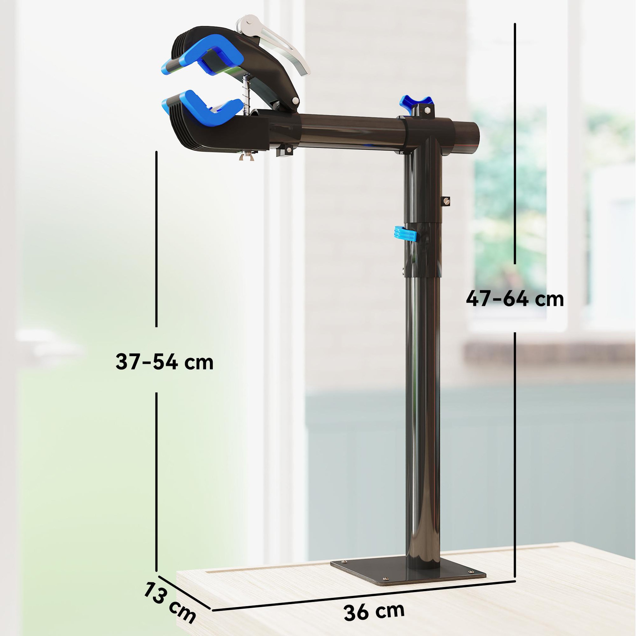 Voir la diapositive 3 : HOMCOM Support de réparation de vélo réglable - pied d'atelier vélo - pince pivotante 360° - charge max. 25 Kg - noir bleu